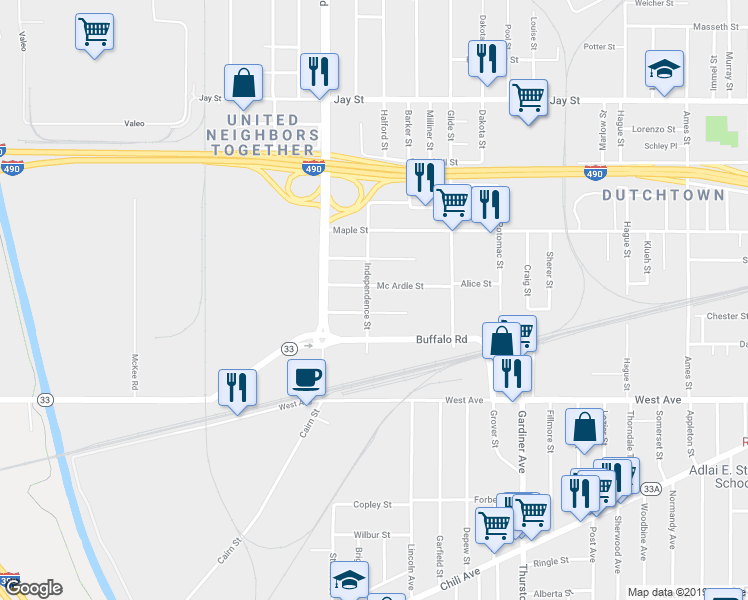 map of restaurants, bars, coffee shops, grocery stores, and more near 133 Independence Street in Rochester