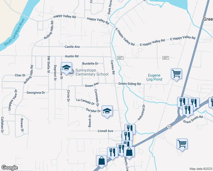 map of restaurants, bars, coffee shops, grocery stores, and more near 1911 Green Avenue in Roseburg