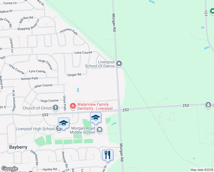 map of restaurants, bars, coffee shops, grocery stores, and more near 7917 Morgan Road in Liverpool