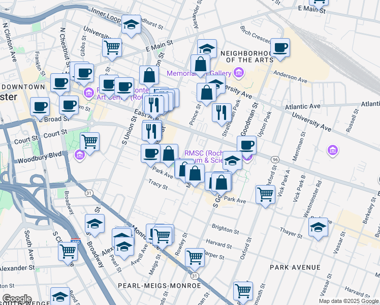 map of restaurants, bars, coffee shops, grocery stores, and more near 6 Sibley Place in Rochester