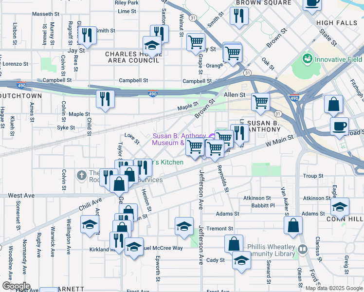 map of restaurants, bars, coffee shops, grocery stores, and more near 589 Brown Street in Rochester