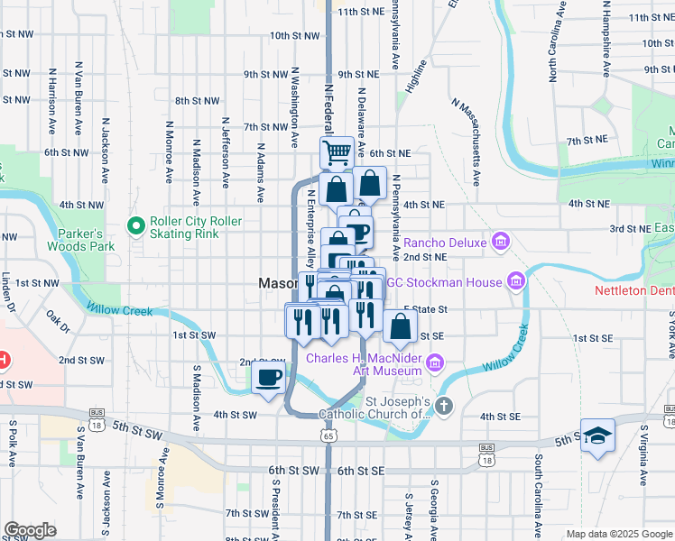 map of restaurants, bars, coffee shops, grocery stores, and more near in Mason City