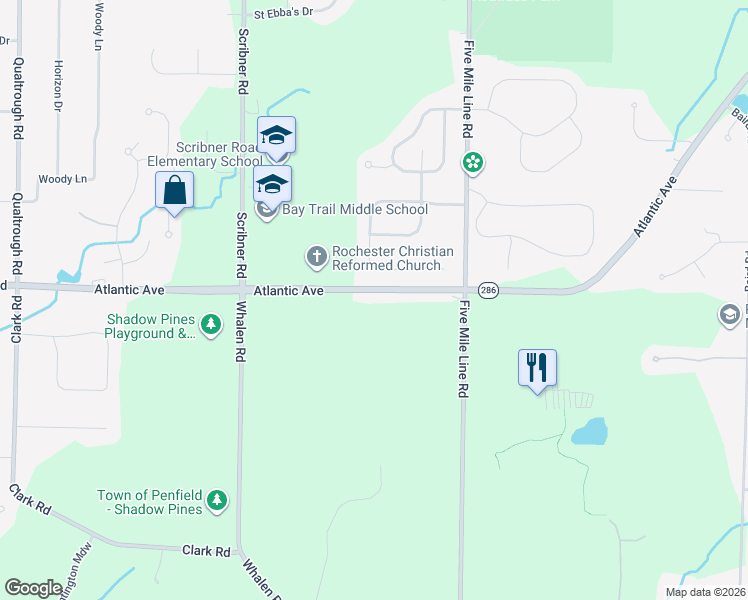 map of restaurants, bars, coffee shops, grocery stores, and more near 2781 Atlantic Avenue in Penfield