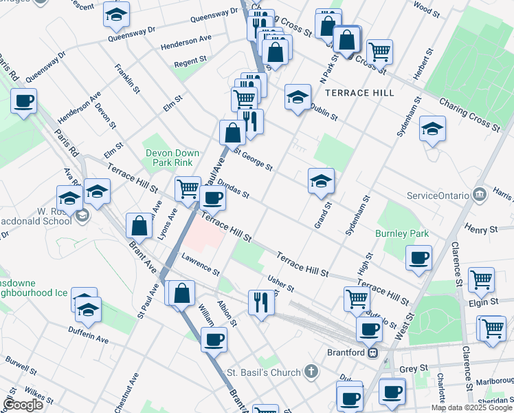 map of restaurants, bars, coffee shops, grocery stores, and more near 122 Dundas Street in Brantford
