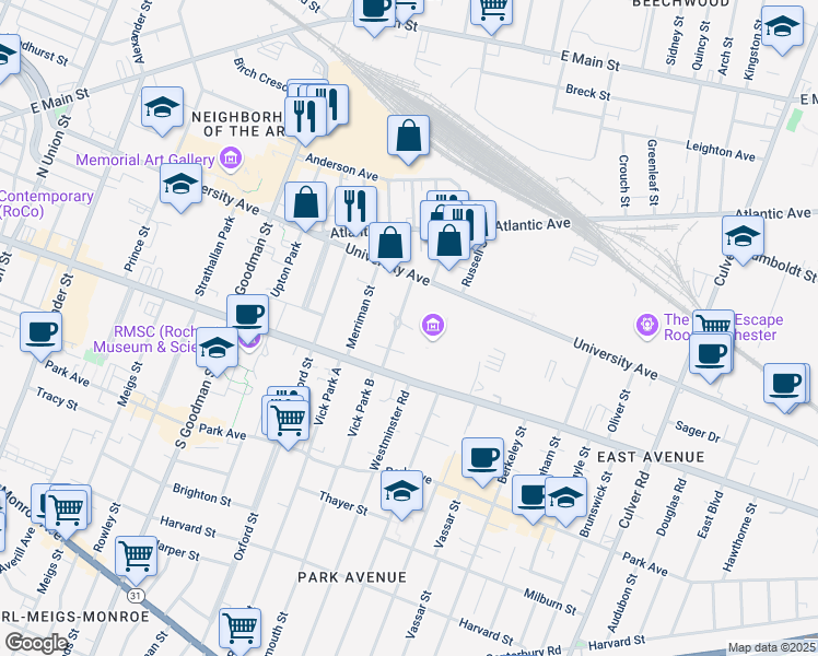 map of restaurants, bars, coffee shops, grocery stores, and more near 17 Portsmouth Terrace in Rochester