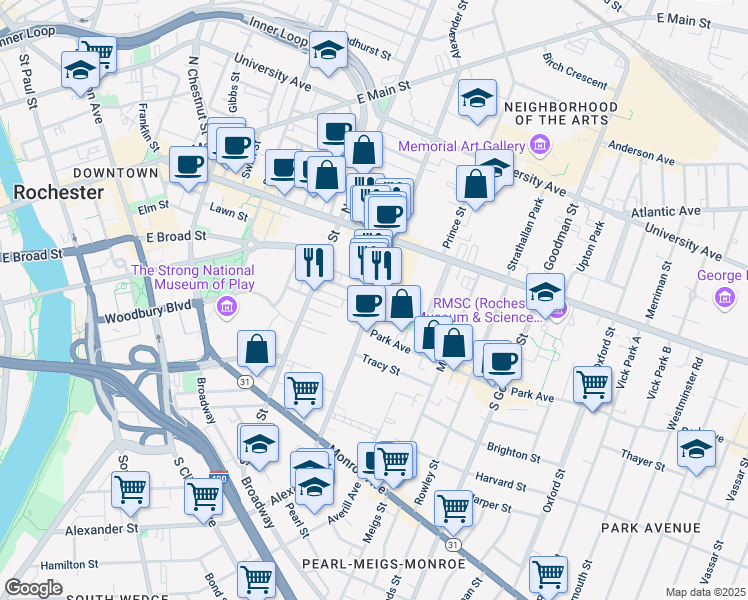 map of restaurants, bars, coffee shops, grocery stores, and more near 286 Alexander Street in Rochester