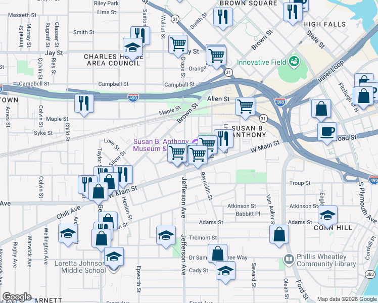 map of restaurants, bars, coffee shops, grocery stores, and more near 23 Madison Street in Rochester