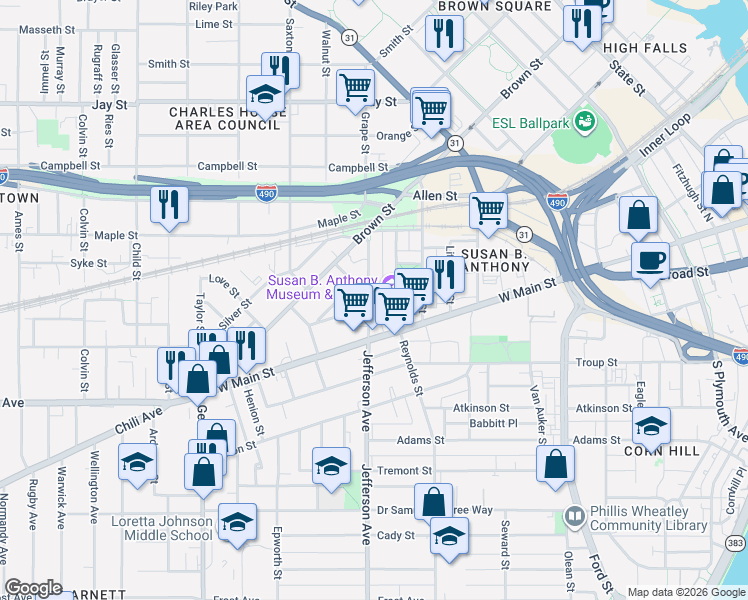 map of restaurants, bars, coffee shops, grocery stores, and more near 23 Madison Street in Rochester