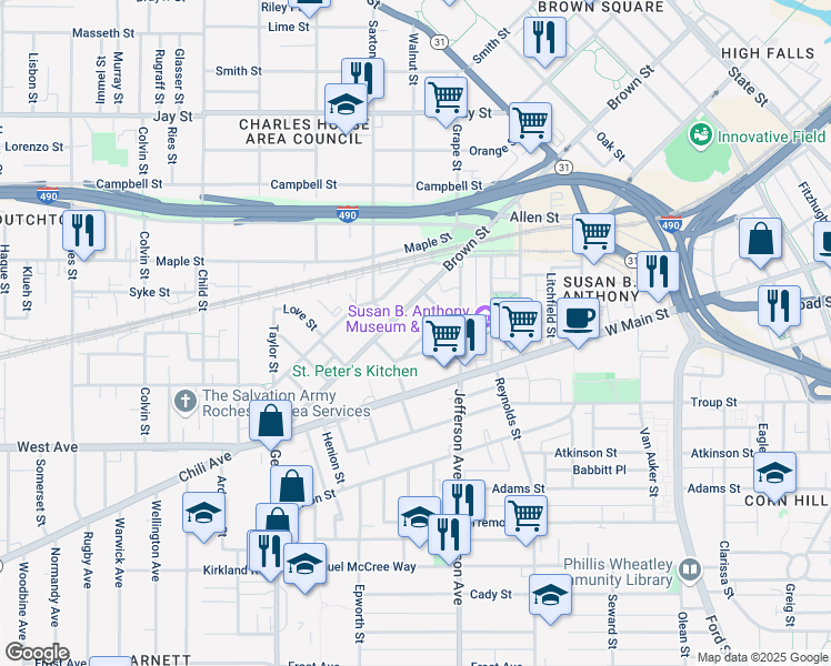 map of restaurants, bars, coffee shops, grocery stores, and more near 589 Brown Street in Rochester
