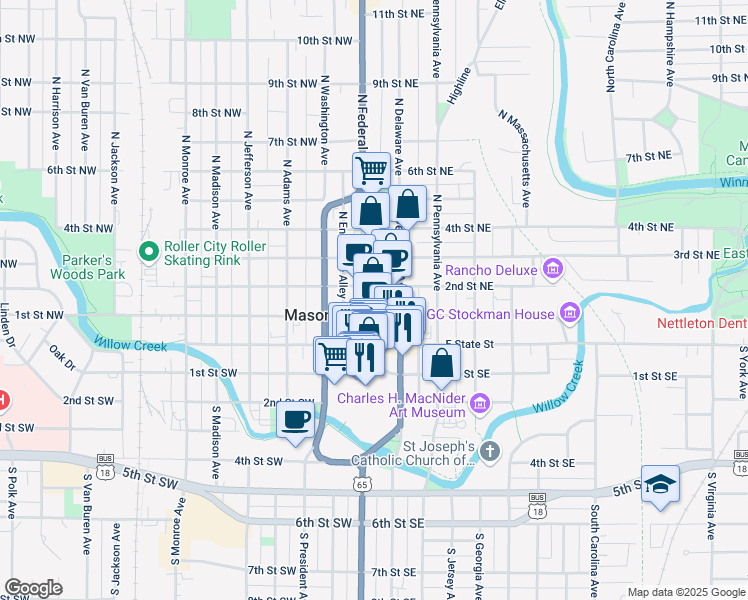 map of restaurants, bars, coffee shops, grocery stores, and more near in Mason City