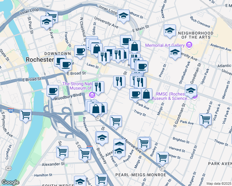 map of restaurants, bars, coffee shops, grocery stores, and more near 55 Savannah Street in Rochester