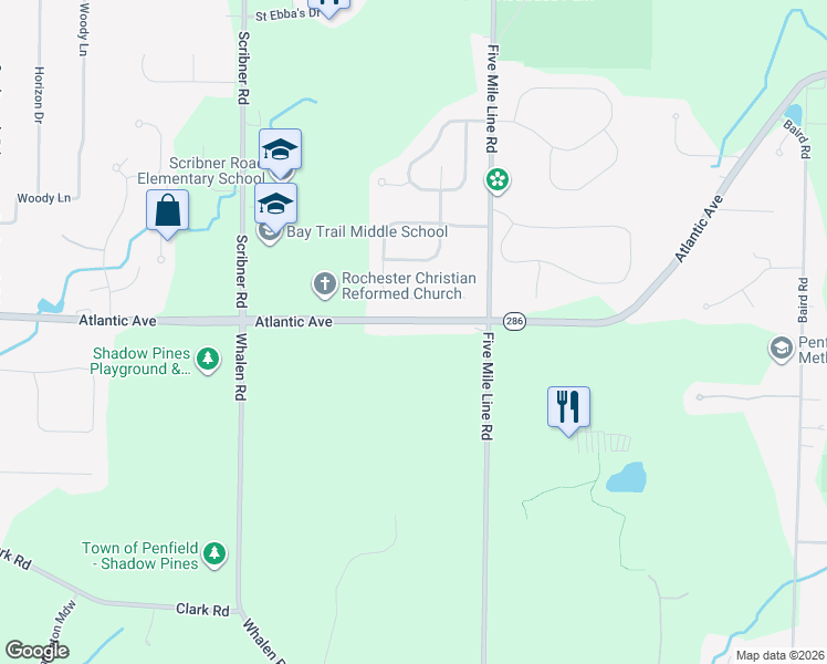 map of restaurants, bars, coffee shops, grocery stores, and more near 2793 Atlantic Avenue in Penfield