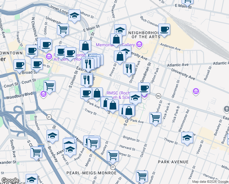 map of restaurants, bars, coffee shops, grocery stores, and more near 6 Sibley Place in Rochester