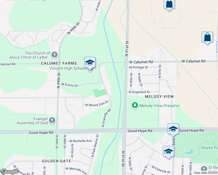 map of restaurants, bars, coffee shops, grocery stores, and more near 7452 North Granville Road in Milwaukee