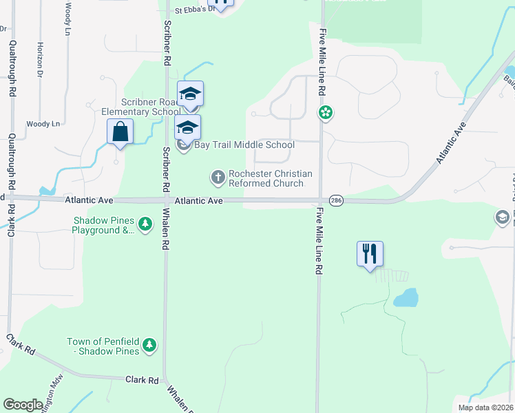 map of restaurants, bars, coffee shops, grocery stores, and more near 2781 Atlantic Avenue in Penfield