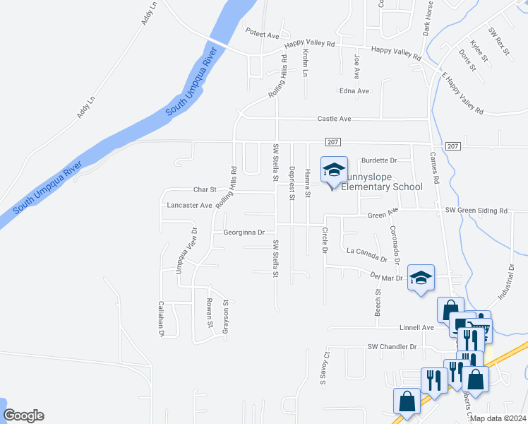 map of restaurants, bars, coffee shops, grocery stores, and more near 139 Zephyr Court in Roseburg