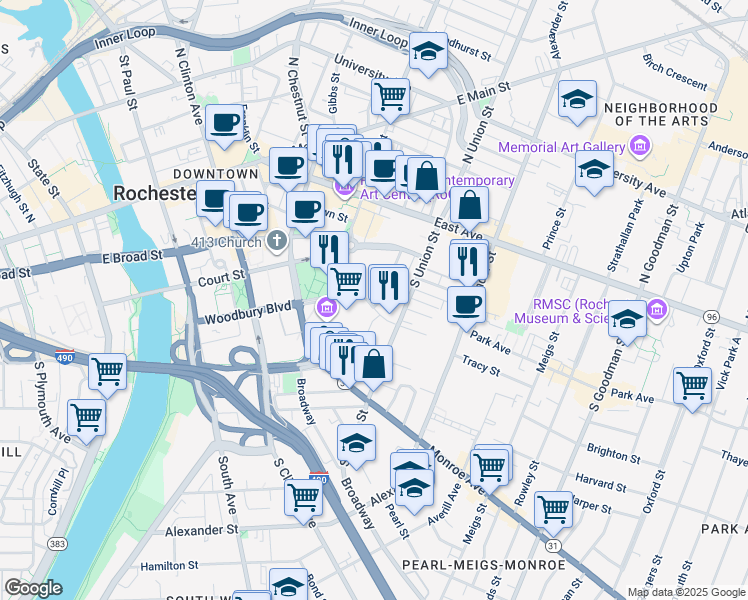 map of restaurants, bars, coffee shops, grocery stores, and more near 55 Savannah Street in Rochester