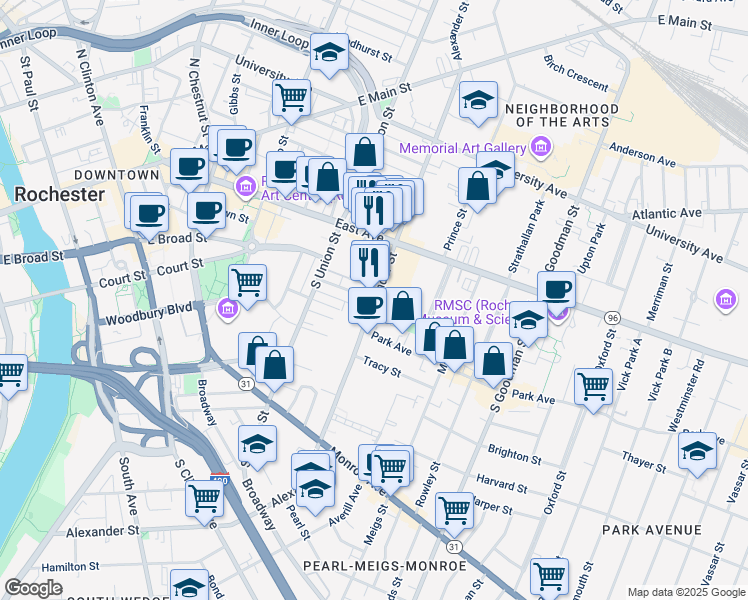 map of restaurants, bars, coffee shops, grocery stores, and more near Alexander Street in Rochester