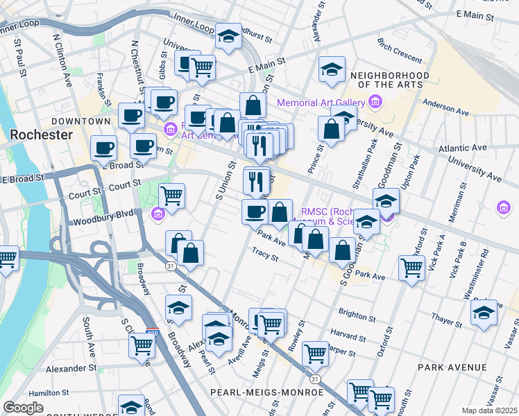 map of restaurants, bars, coffee shops, grocery stores, and more near Alexander St & Gardiner Park in Rochester