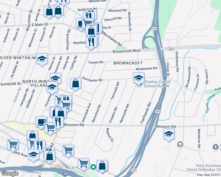 map of restaurants, bars, coffee shops, grocery stores, and more near 421 Yarmouth Road in Rochester