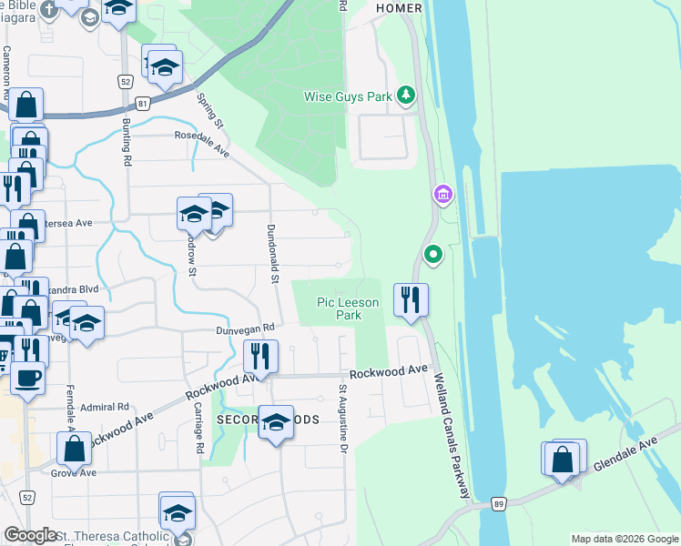 map of restaurants, bars, coffee shops, grocery stores, and more near 84 Oxford Street in Saint Catharines