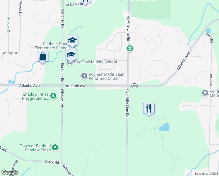 map of restaurants, bars, coffee shops, grocery stores, and more near 2793 Atlantic Avenue in Penfield