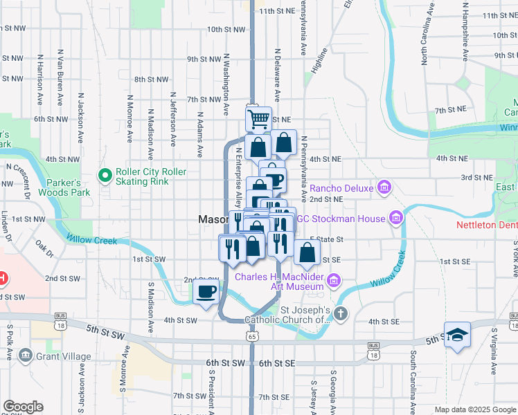 map of restaurants, bars, coffee shops, grocery stores, and more near in Mason City