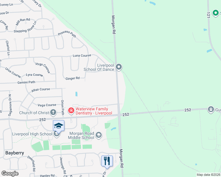 map of restaurants, bars, coffee shops, grocery stores, and more near 7917 Morgan Road in Liverpool