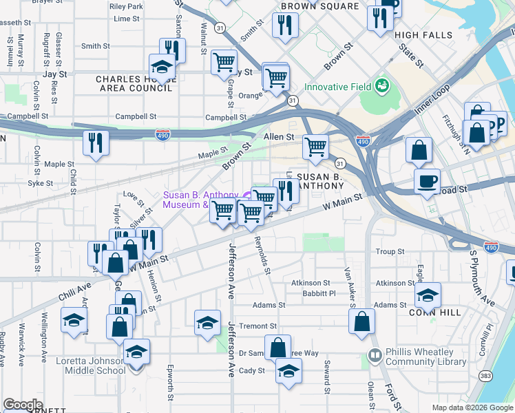 map of restaurants, bars, coffee shops, grocery stores, and more near 23 Madison Street in Rochester