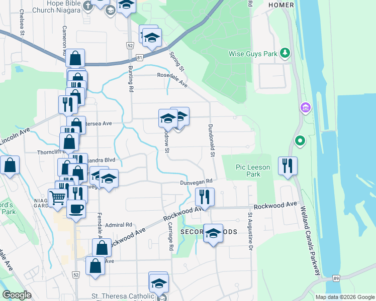 map of restaurants, bars, coffee shops, grocery stores, and more near in St. Catharines