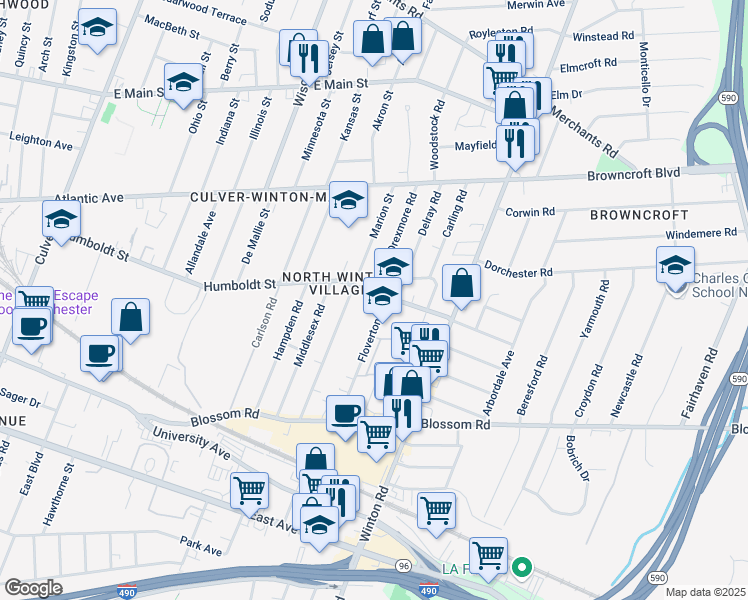 map of restaurants, bars, coffee shops, grocery stores, and more near 516 Humboldt Street in Rochester