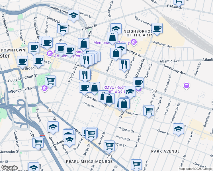 map of restaurants, bars, coffee shops, grocery stores, and more near 6 Sibley Place in Rochester