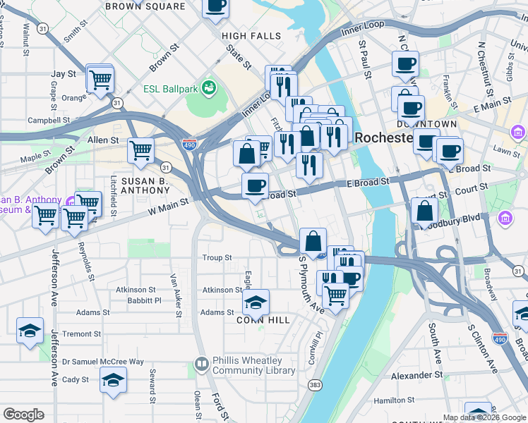 map of restaurants, bars, coffee shops, grocery stores, and more near 131 West Broad Street in Rochester