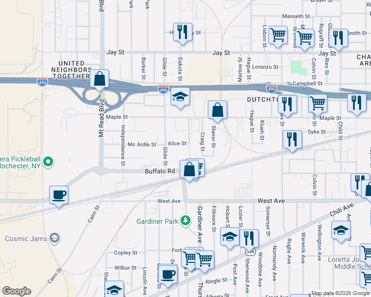 map of restaurants, bars, coffee shops, grocery stores, and more near 42 Potomac Street in Rochester
