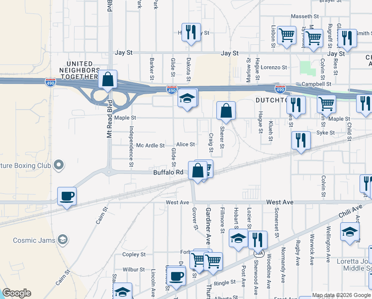map of restaurants, bars, coffee shops, grocery stores, and more near 45 Alice Street in Rochester