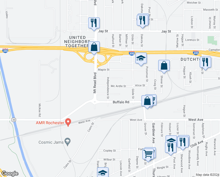 map of restaurants, bars, coffee shops, grocery stores, and more near 133 Independence Street in Rochester