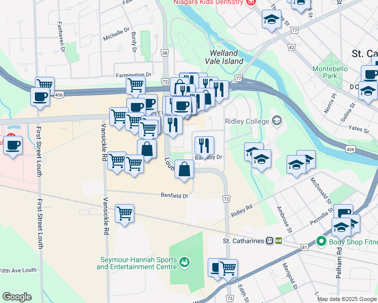 map of restaurants, bars, coffee shops, grocery stores, and more near 1 Cornwell Circle in St. Catharines