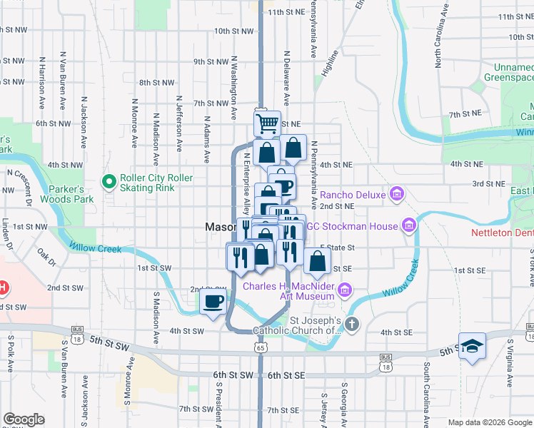 map of restaurants, bars, coffee shops, grocery stores, and more near in Mason City