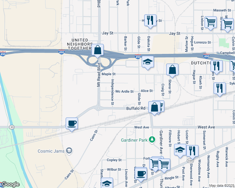 map of restaurants, bars, coffee shops, grocery stores, and more near 84 Mc Ardle Street in Rochester