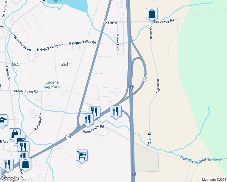 map of restaurants, bars, coffee shops, grocery stores, and more near 118 Southwest Berry Loop Lane in Roseburg