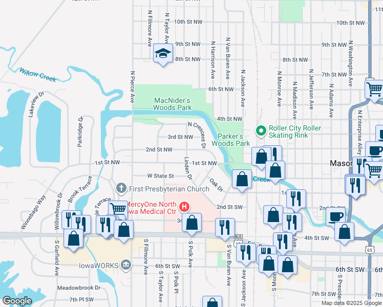map of restaurants, bars, coffee shops, grocery stores, and more near 857 2nd Street Northwest in Mason City