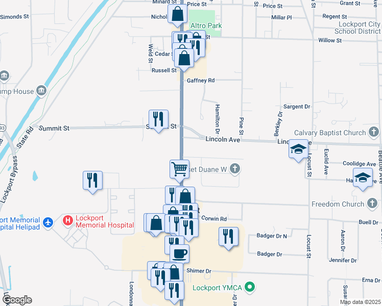 map of restaurants, bars, coffee shops, grocery stores, and more near 5 Lincolnshire Drive in Lockport
