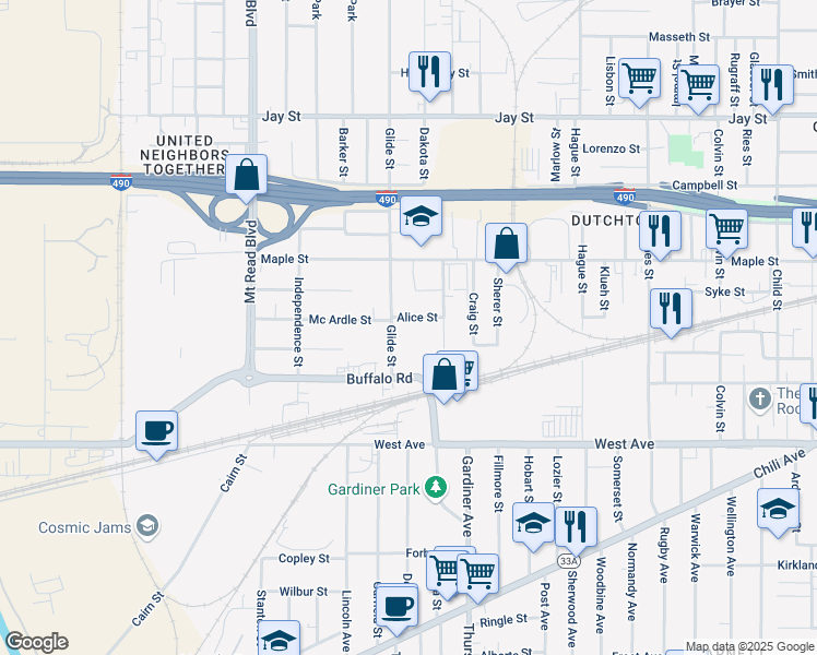 map of restaurants, bars, coffee shops, grocery stores, and more near 45 Alice Street in Rochester