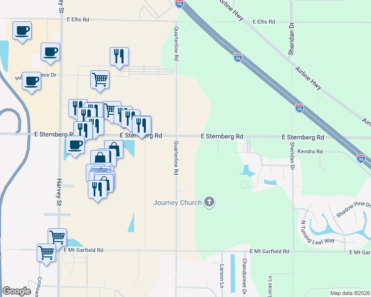 map of restaurants, bars, coffee shops, grocery stores, and more near 2025 East Sternberg Road in Muskegon