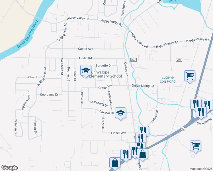 map of restaurants, bars, coffee shops, grocery stores, and more near 2026 Green Avenue in Roseburg