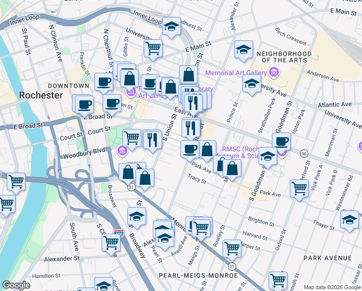 map of restaurants, bars, coffee shops, grocery stores, and more near 47 Gardiner Park in Rochester