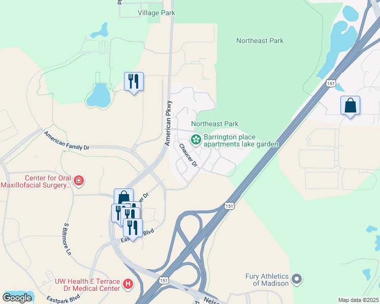 map of restaurants, bars, coffee shops, grocery stores, and more near 5201 Brookside Drive in Madison