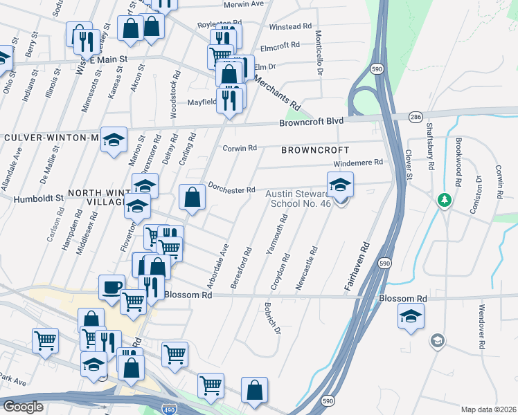map of restaurants, bars, coffee shops, grocery stores, and more near 236 Arbordale Avenue in Rochester