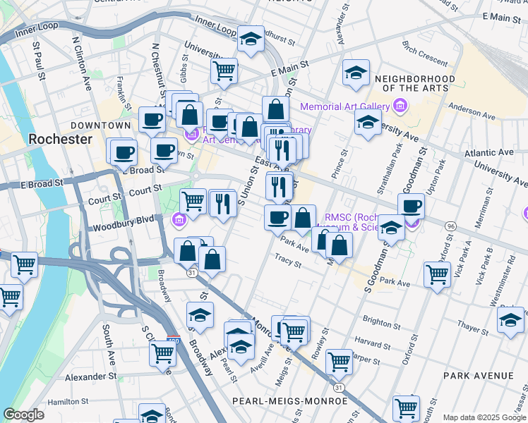 map of restaurants, bars, coffee shops, grocery stores, and more near 49e Gardiner Park in Rochester