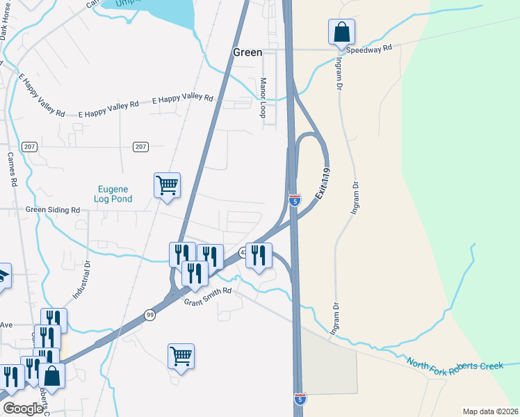 map of restaurants, bars, coffee shops, grocery stores, and more near 120 Southwest Berry Loop Lane in Roseburg